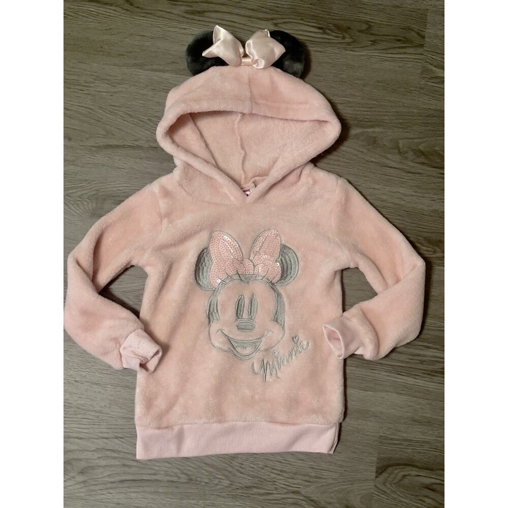 Disney Junior Pink Minnie Mouse Zippered Plush Hoodie With Ears & Bow Size 4T
